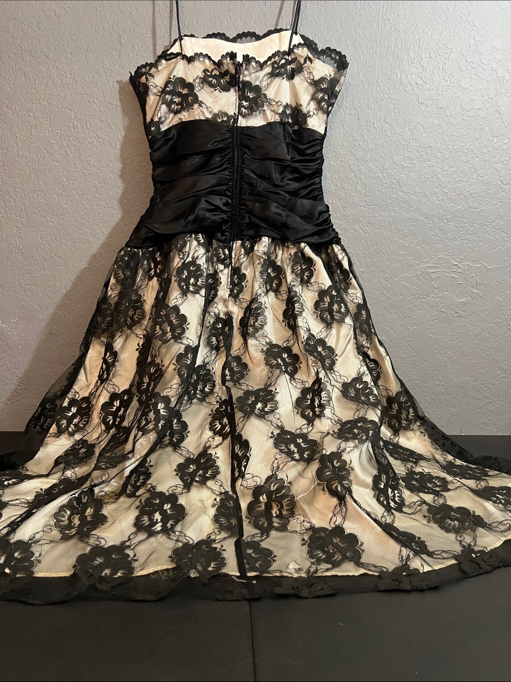Black and Cream Lace Prom Dress with Satin Sash - Picture 2 of 8